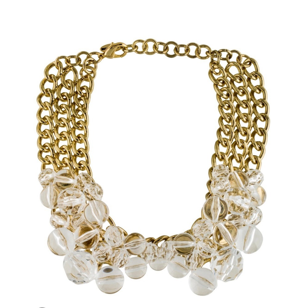Anne Fontaine Volta Collar Necklace Clear Lucite Beaded Gold Chain 18 in *uneven